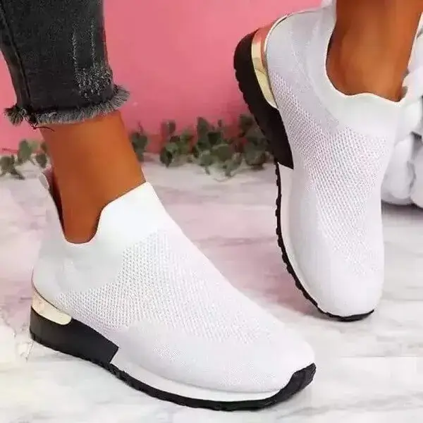 Ramboappliance Women Casual Round Toe Solid Color Breathable Mesh Upper Wedges Slip On Sneakers